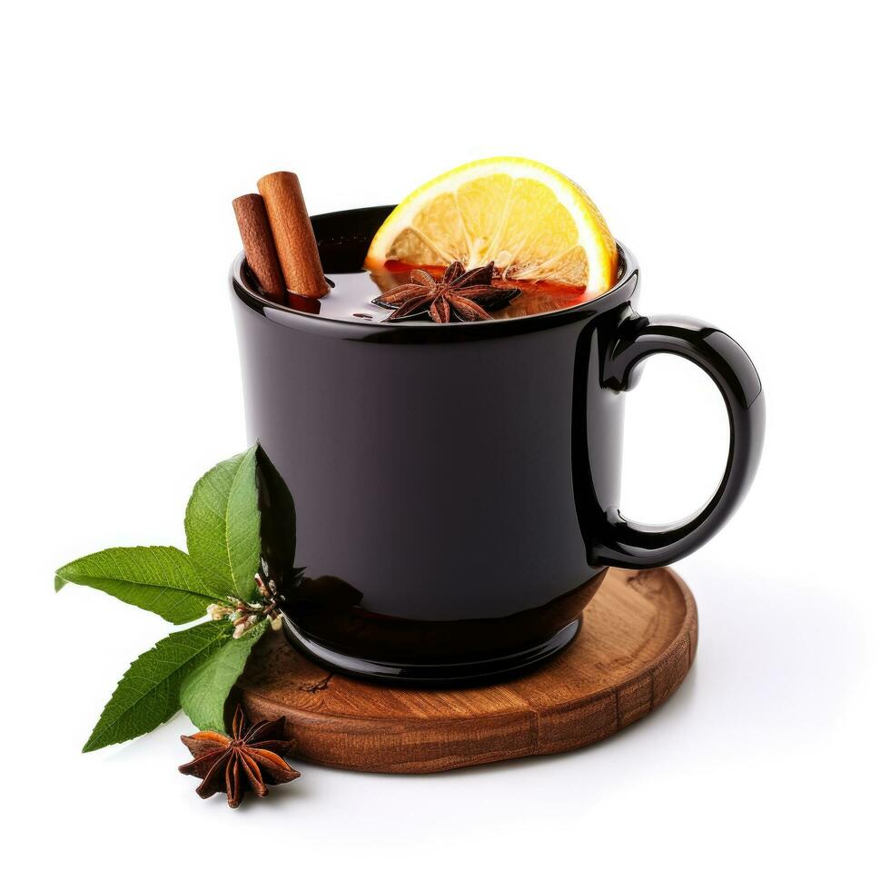 Mulled wine in a black cup isolated on white background photo
