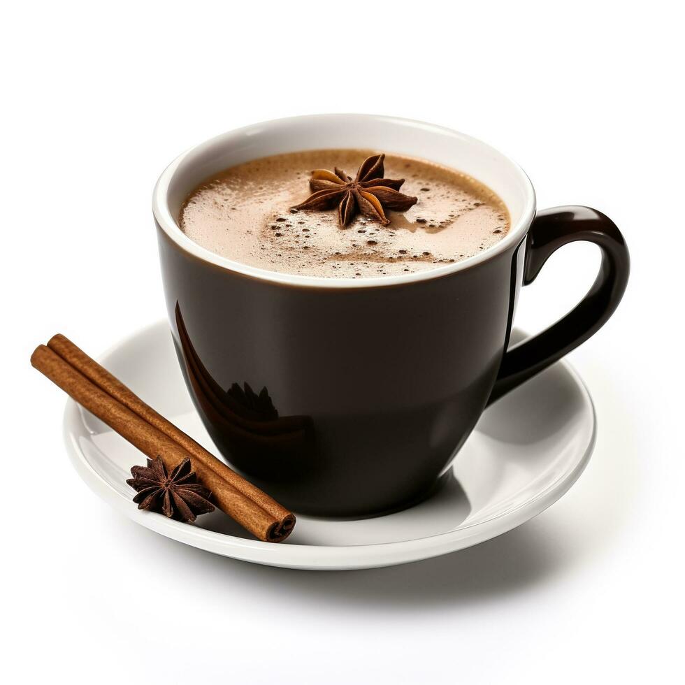 Chestnut praline hot chocolate in a black cup isolated on white background photo