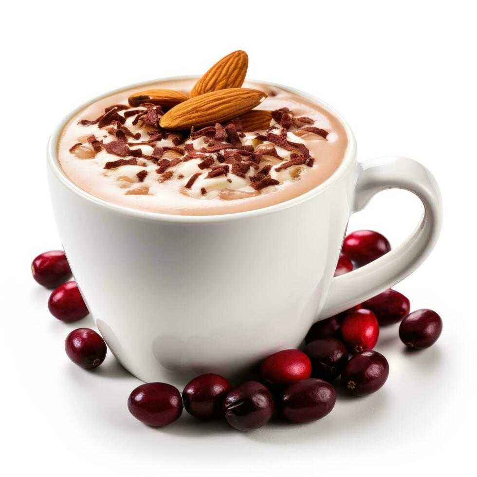 Cranberry almond hot chocolate in a black cup isolated on white background photo