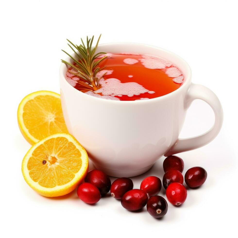 Cranberry orange punch in a white cup isolated on white background photo