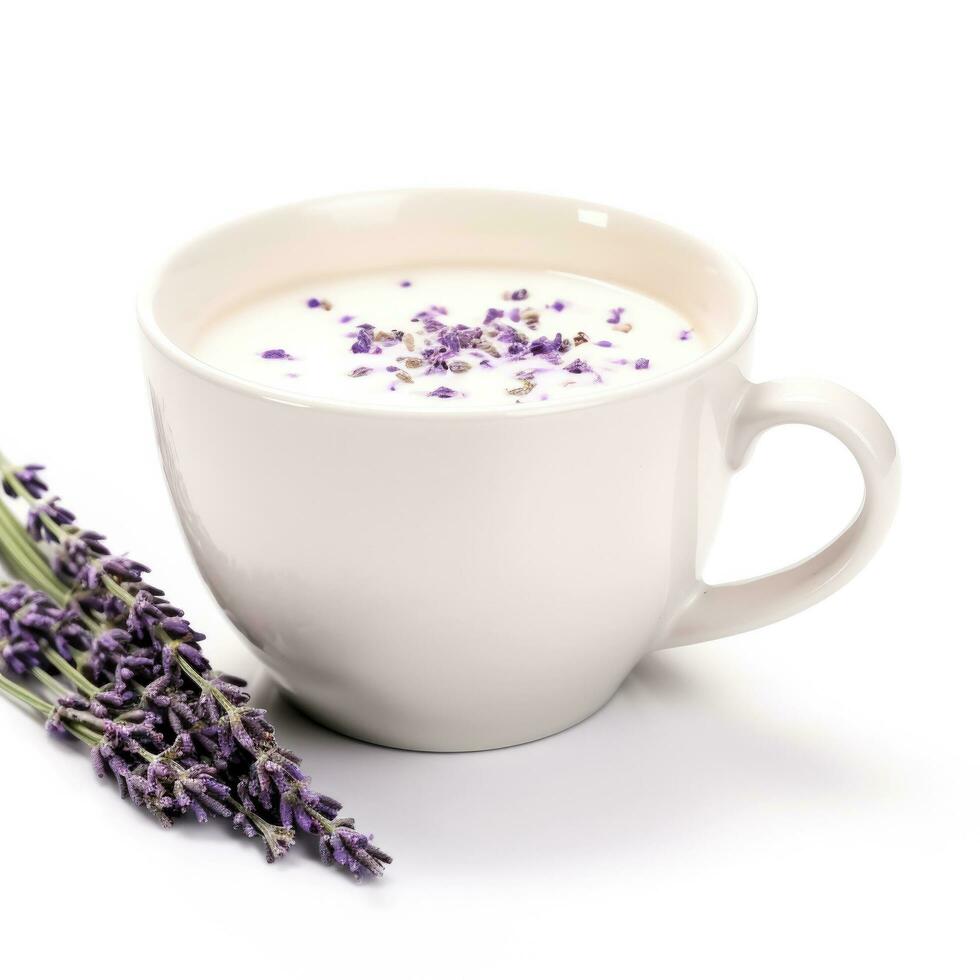 Lavender white hot chocolate in a white cup isolated on white background photo