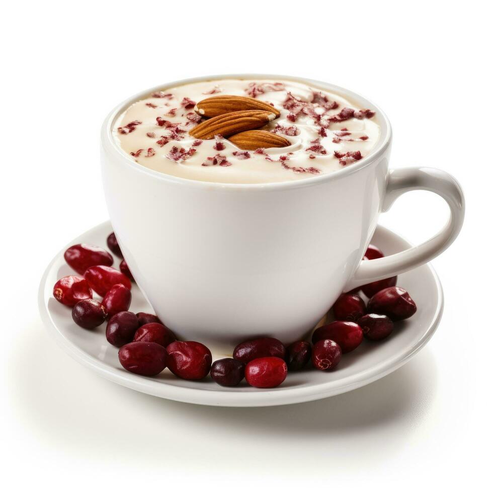 Cranberry almond hot chocolate in a white cup isolated on white background photo