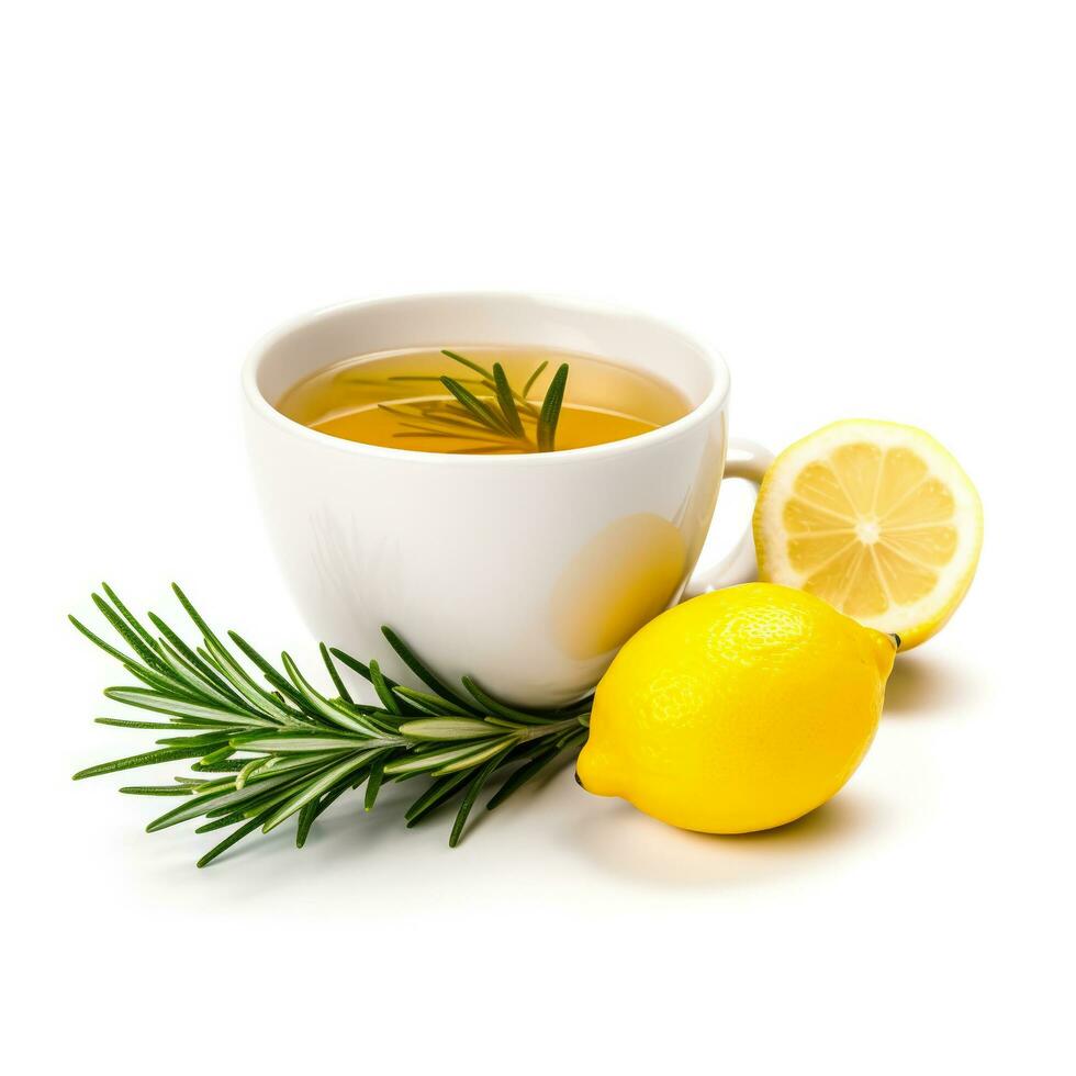 Rosemary lemon tea in a rosemary and lemon-colored cup isolated on white background photo