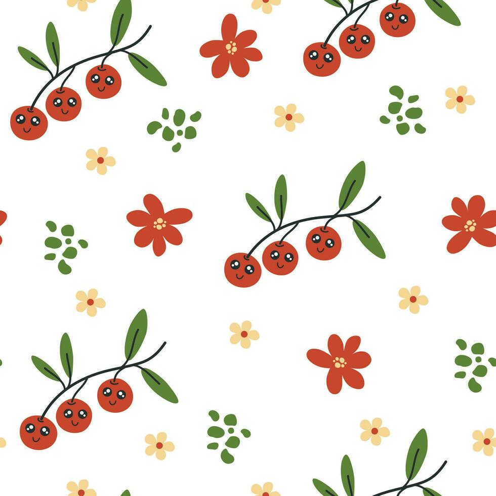 Berries character seamless pattern. Berries with smiley face and flowers. Creative texture for fabric, packaging, textiles, wallpaper, clothing. Vector illustration for kids. Cute fruit background