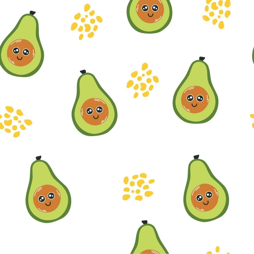 Avocado character seamless pattern. Avocado with smiley face. Creative texture for fabric, packaging, textiles, wallpaper, clothing. Vector illustration for kids. Cute fruit background