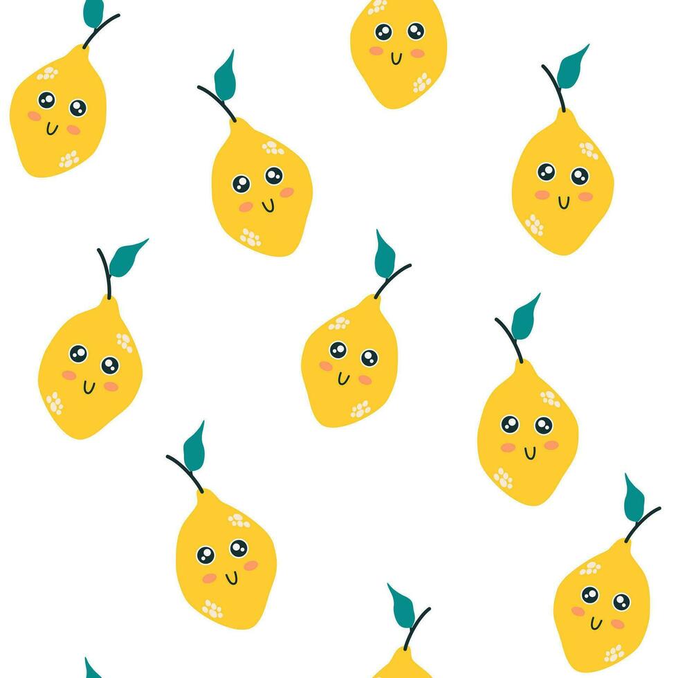 Lemon character seamless pattern. Lemon with smiley face. Creative texture for fabric, packaging, textiles, wallpaper, clothing. Vector illustration for kids. Cute fruit background