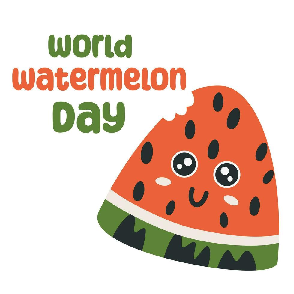 Happy Watermelon Day greeting card. Watermelon character icon with smiley face. Summer holiday. Piece of watermelon, doodle style. Leaflet, poster, banner, postcard. Vector Illustration