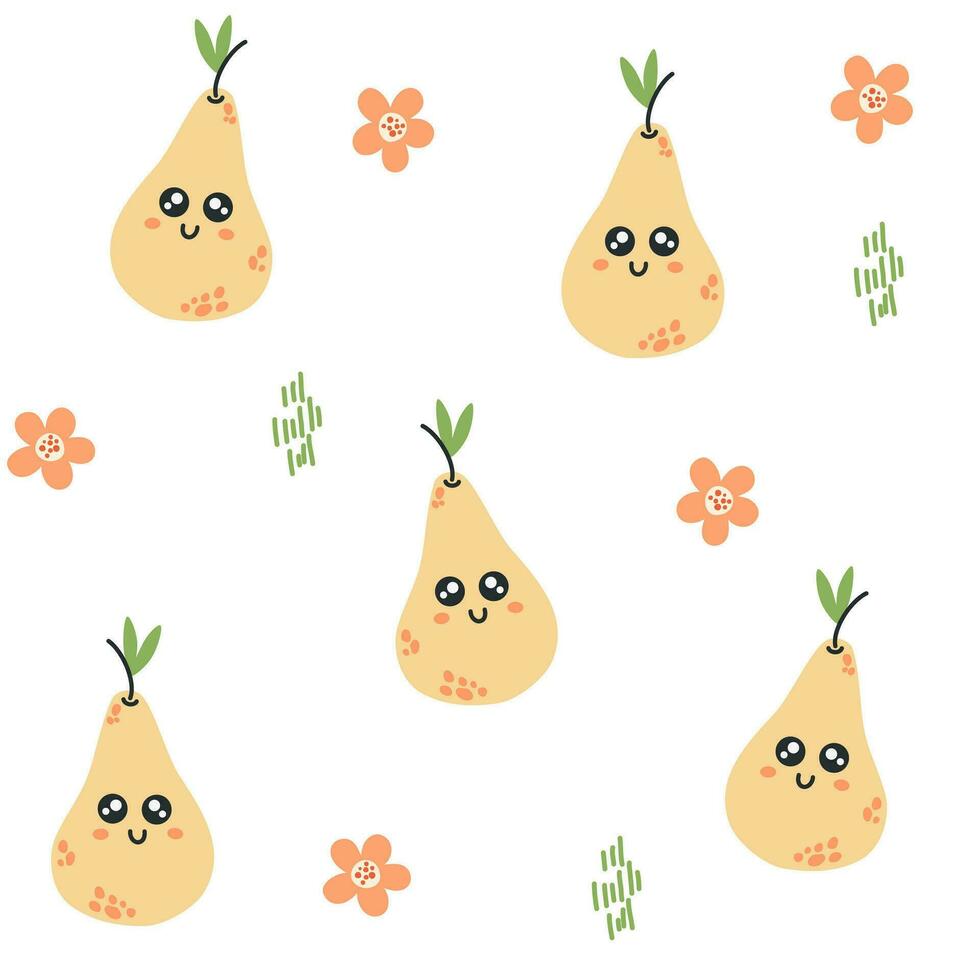 Pear character seamless pattern. Pear with smiley face. Creative texture for fabric, packaging, textiles, wallpaper, clothing. Vector illustration for kids. Cute fruit background