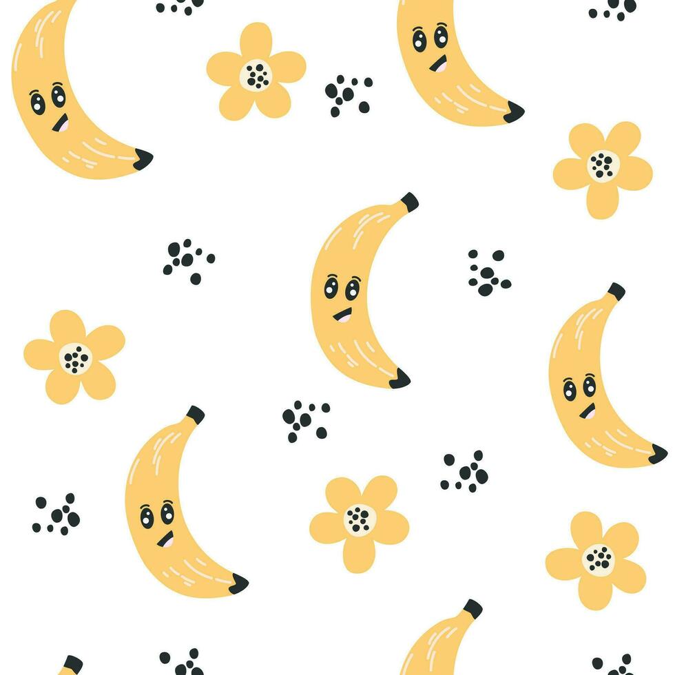 Banana character seamless pattern. Banana with smiley face and flowers. Creative texture for fabric, packaging, textiles, wallpaper, clothing. Vector illustration for kids. Cute fruit background