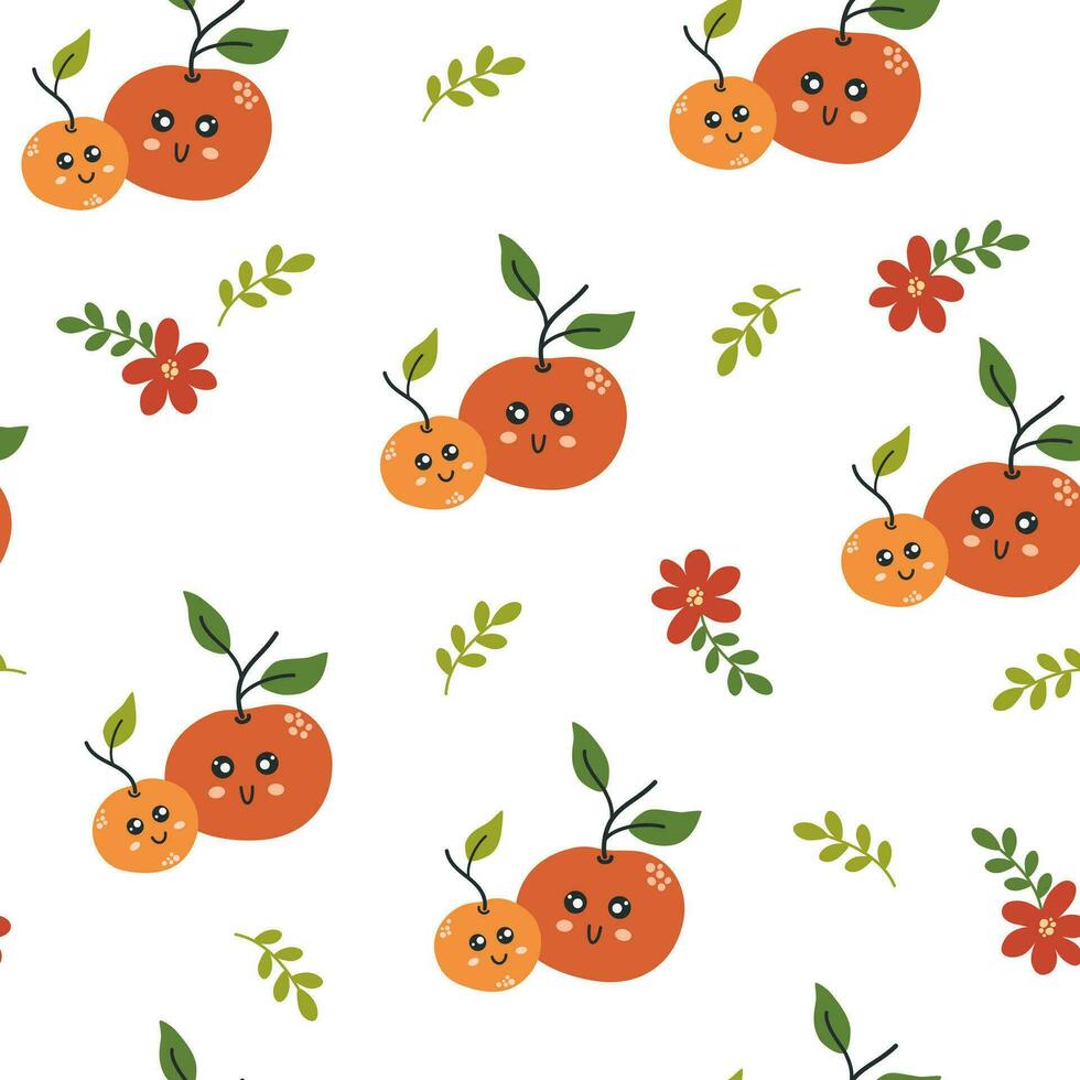 Cute oranges character seamless pattern. Oranges with smiley face and flowers. Creative texture for fabric, packaging, textiles, wallpaper, clothing. Vector illustration for kids. Cute fruit