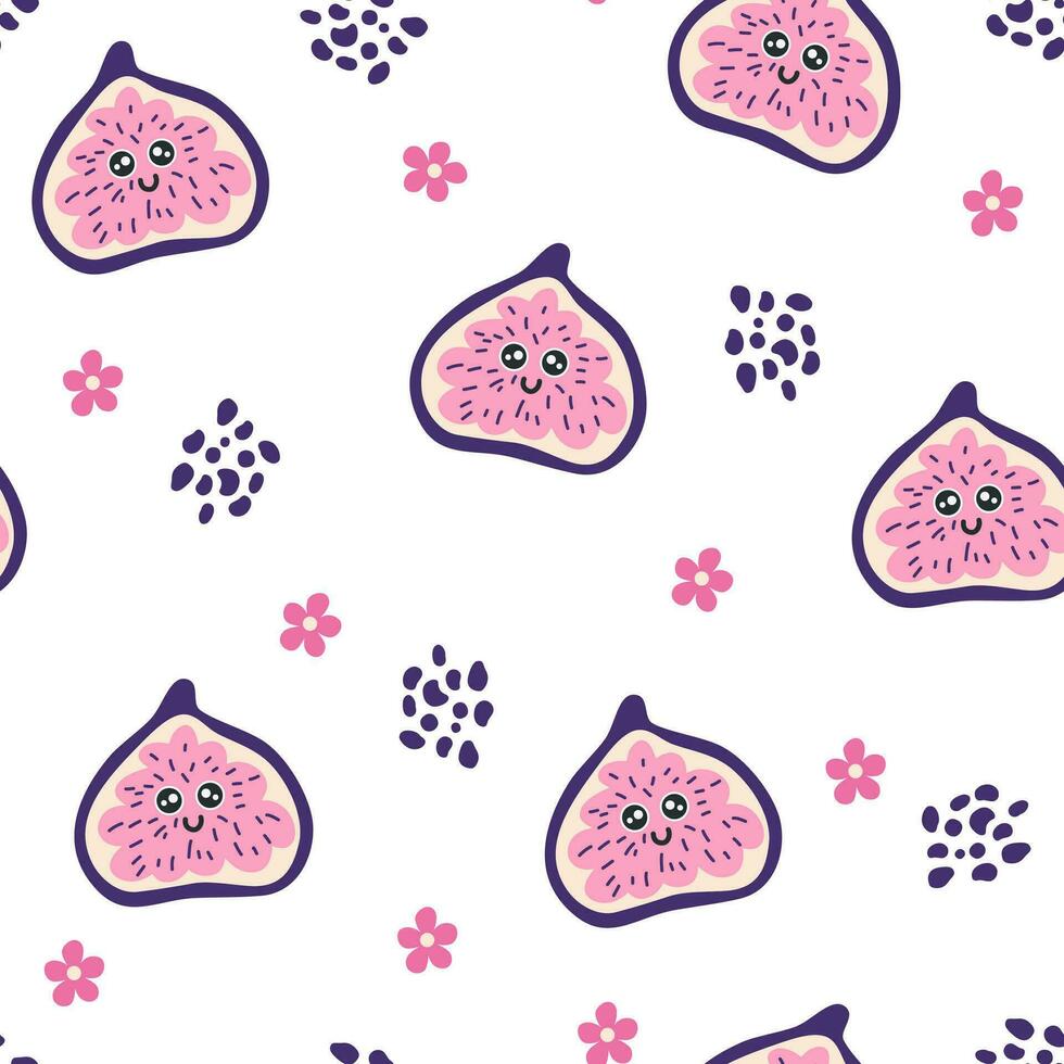 Fig character seamless pattern. Fig with smiley face. Creative texture for fabric, packaging, textiles, wallpaper, clothing. Vector illustration for kids. Cute fruit background