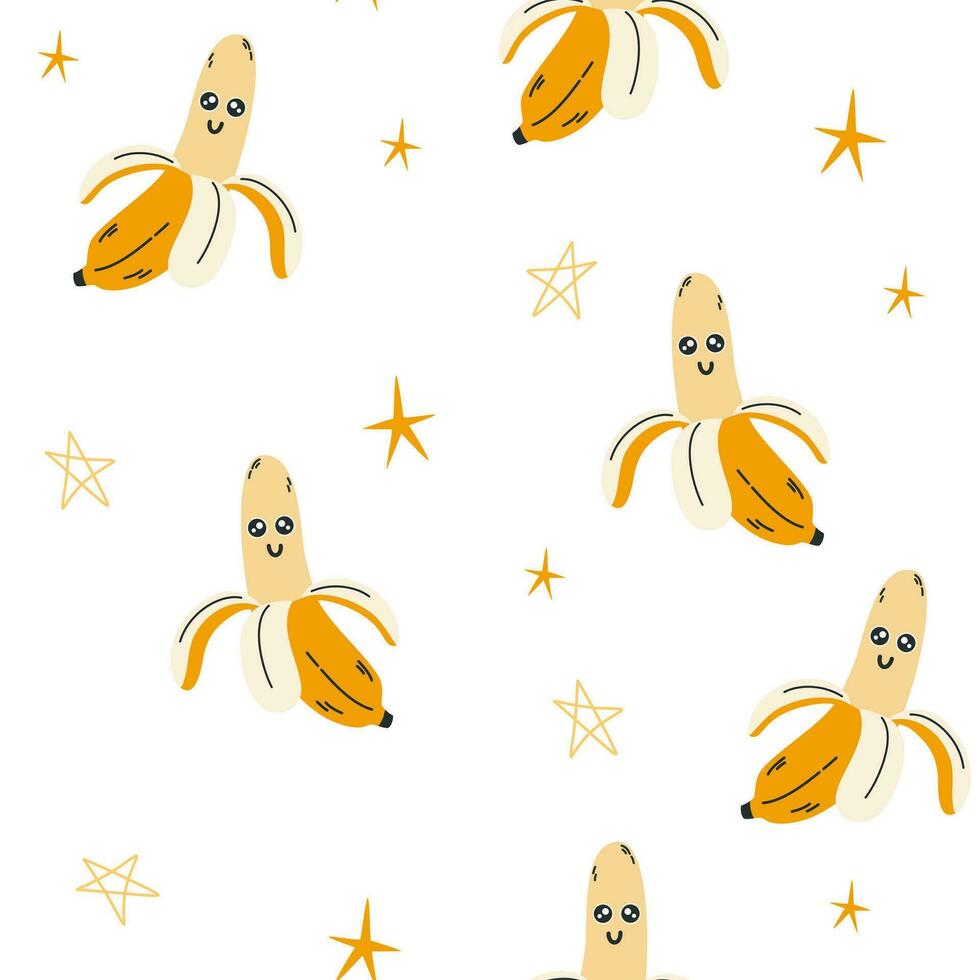 Banana character seamless pattern. Funny banana with smiley face. Creative texture for fabric, packaging, textiles, wallpaper, clothing. Vector illustration for kids. Cute fruit background