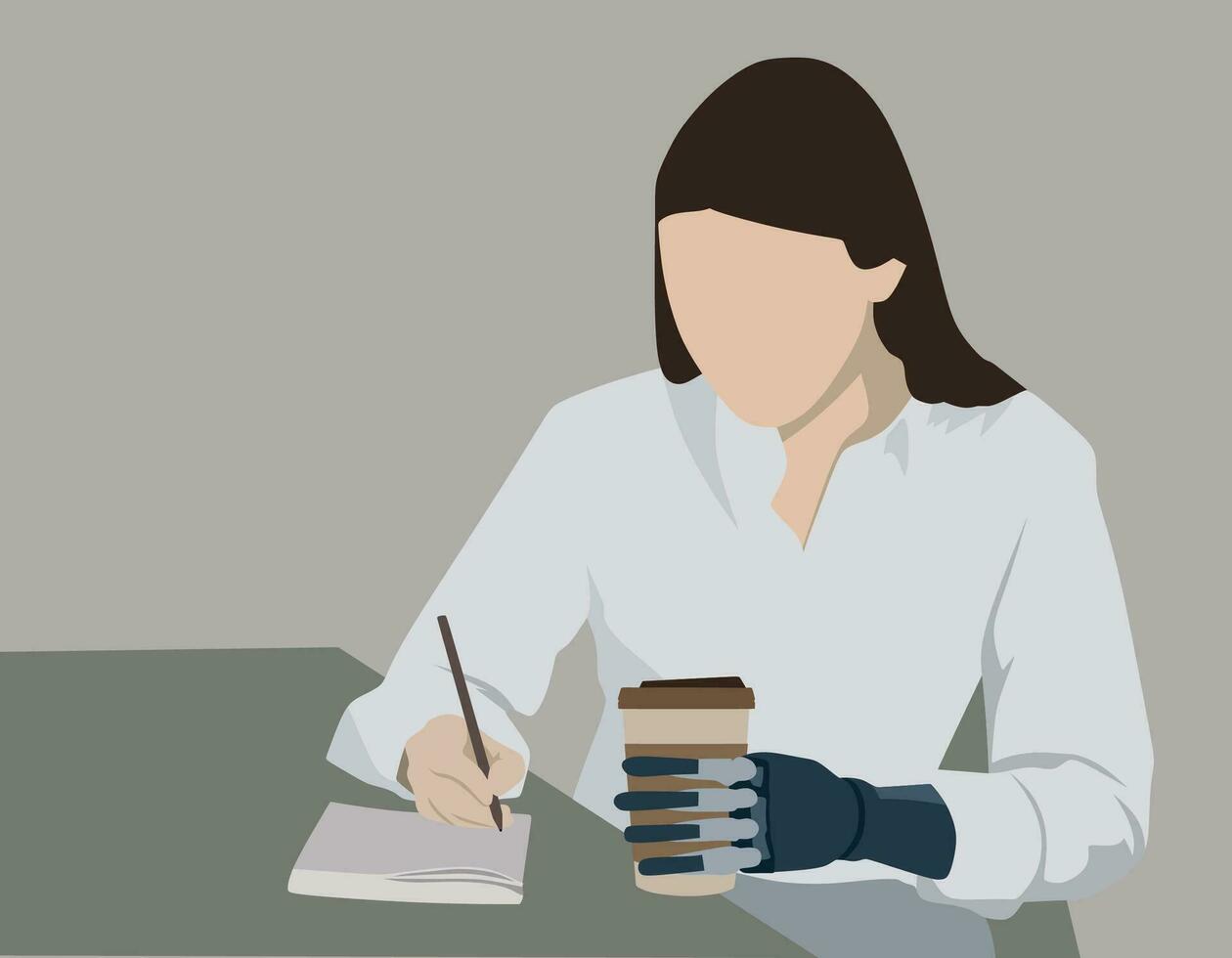 Girl in office suit with coffee in prosthetic hand making notes for work vector