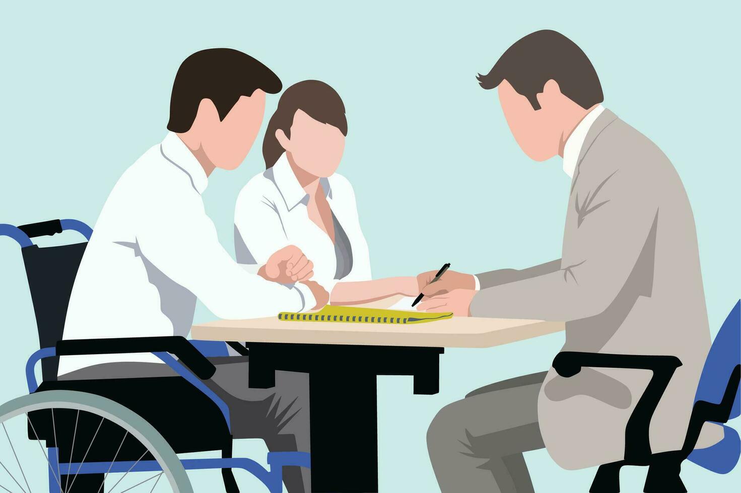 Office worker on a wheelchair discussing a project with colleagues vector