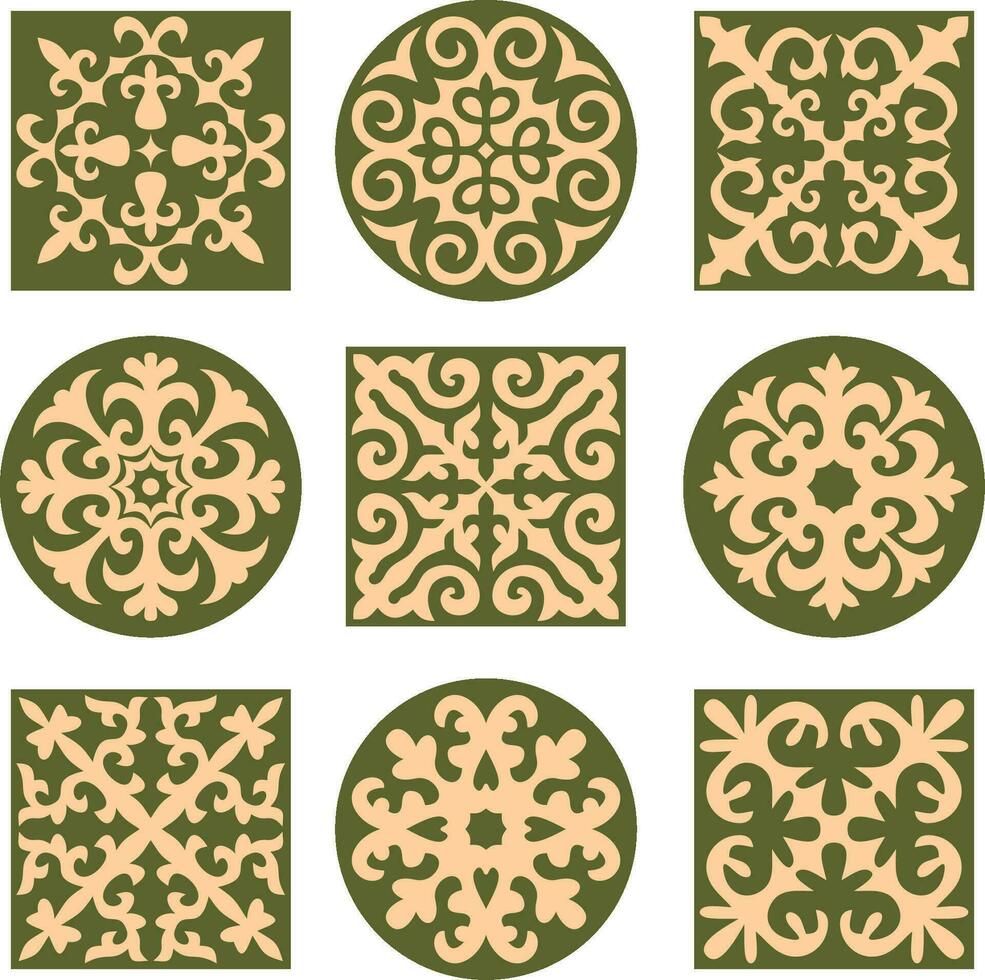 Vector set of green and gold  signs Kazakh national ornament. Ethnic endless pattern of the peoples of the Great Steppe, .Mongols, Kyrgyz, Kalmyks, Buryats. circle, frame border