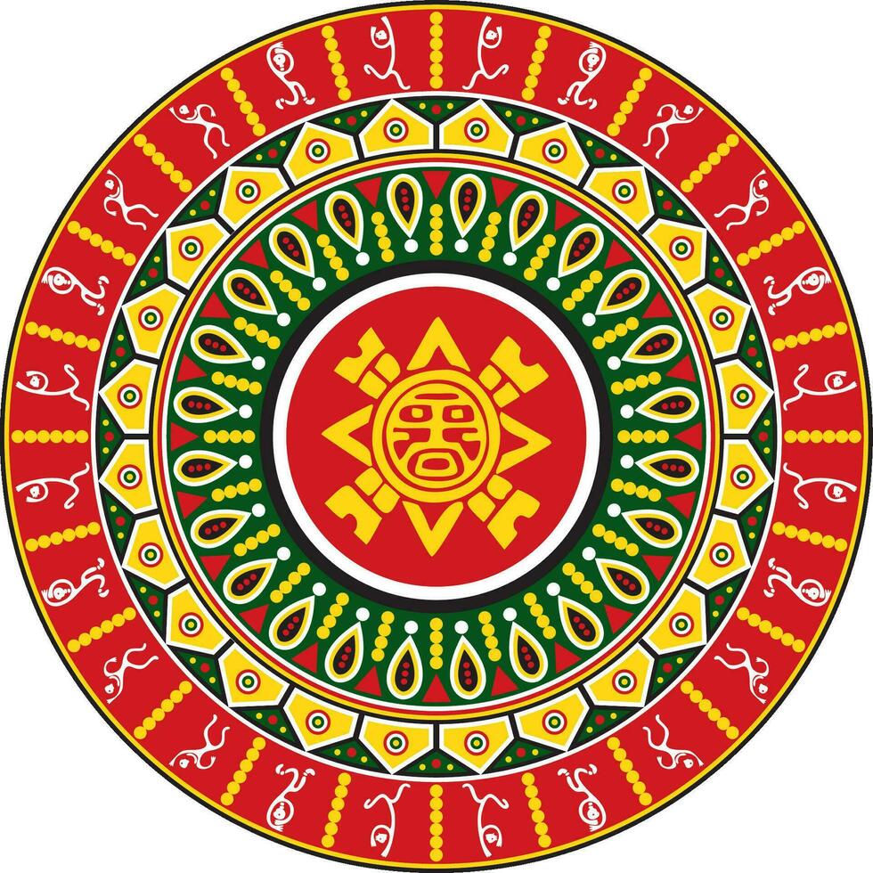 Vector colored round ornament of the Aztec Indians with figures of people. National decoration