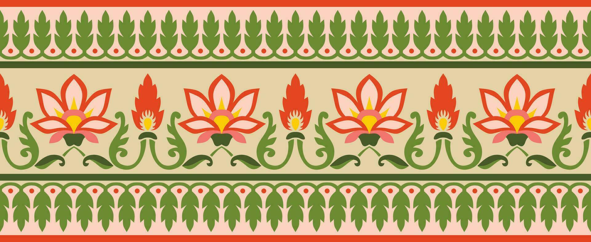 Vector seamless colorful Indian national ornament. Ethnic endless plant border. Flowers frame. Poppies and leaves