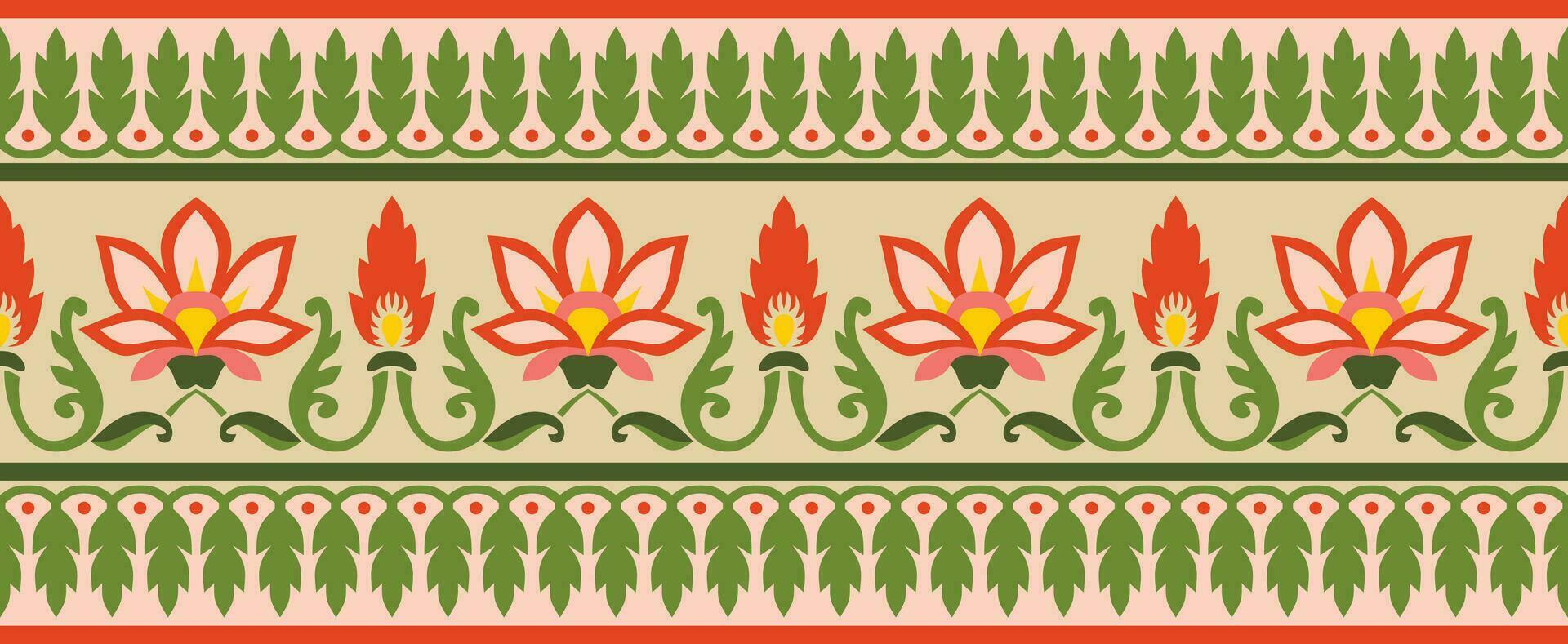 Vector seamless colorful Indian national ornament. Ethnic endless plant border. Flowers frame. Poppies and leaves