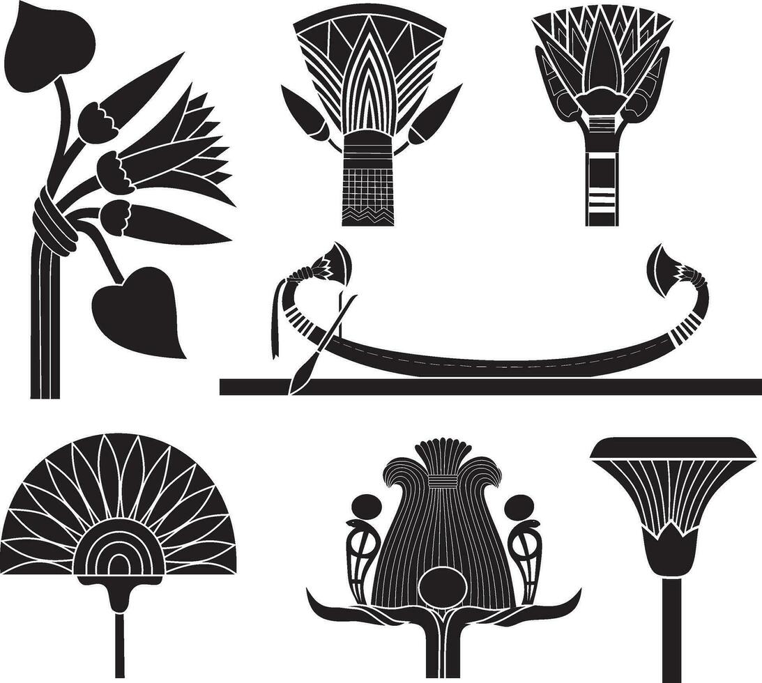 Vector black monochrome set of ancient Egyptian signs and symbols. Lotus flower