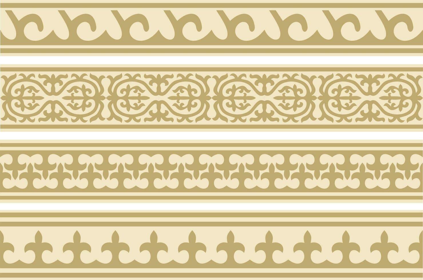 Vector set of golden seamless Kazakh national ornament. Ethnic endless pattern of the peoples of the Great Steppe, Mongols, Kyrgyz, Kalmyks, .Buryats. circle, frame border