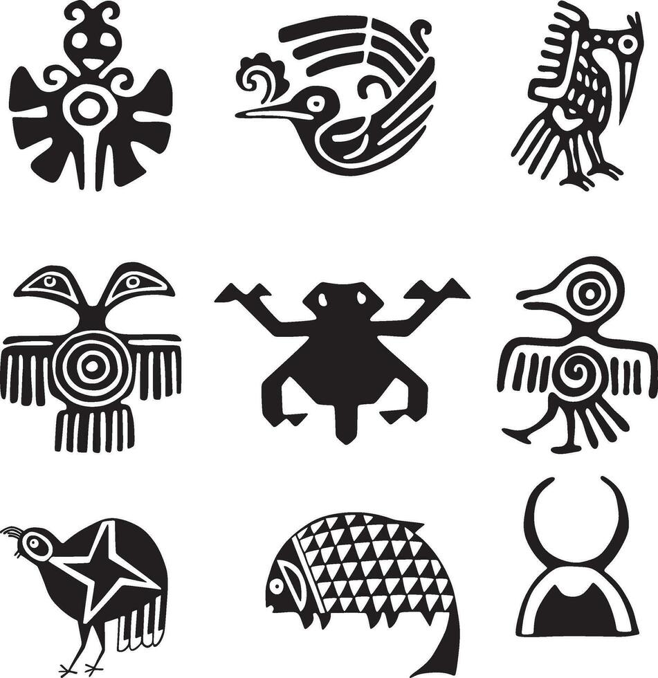 Vector monochrome set of Native American Indian national symbols. Ethnic round ornaments of the peoples of America, Aztec, Maya, Incas, Peru, Brazil, Mexico, Honduras, Guatemala