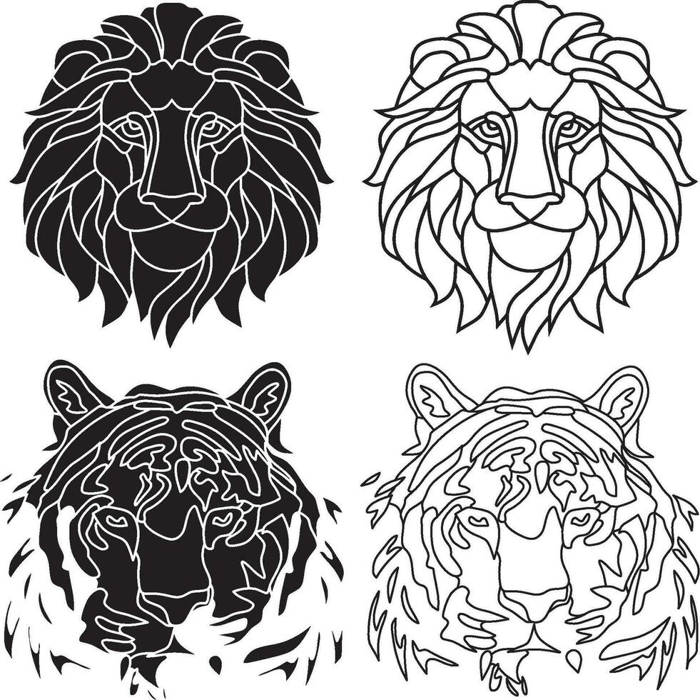 Monochrome vector muzzles of a lion and a tiger. Savannah animals. big cats with teeth