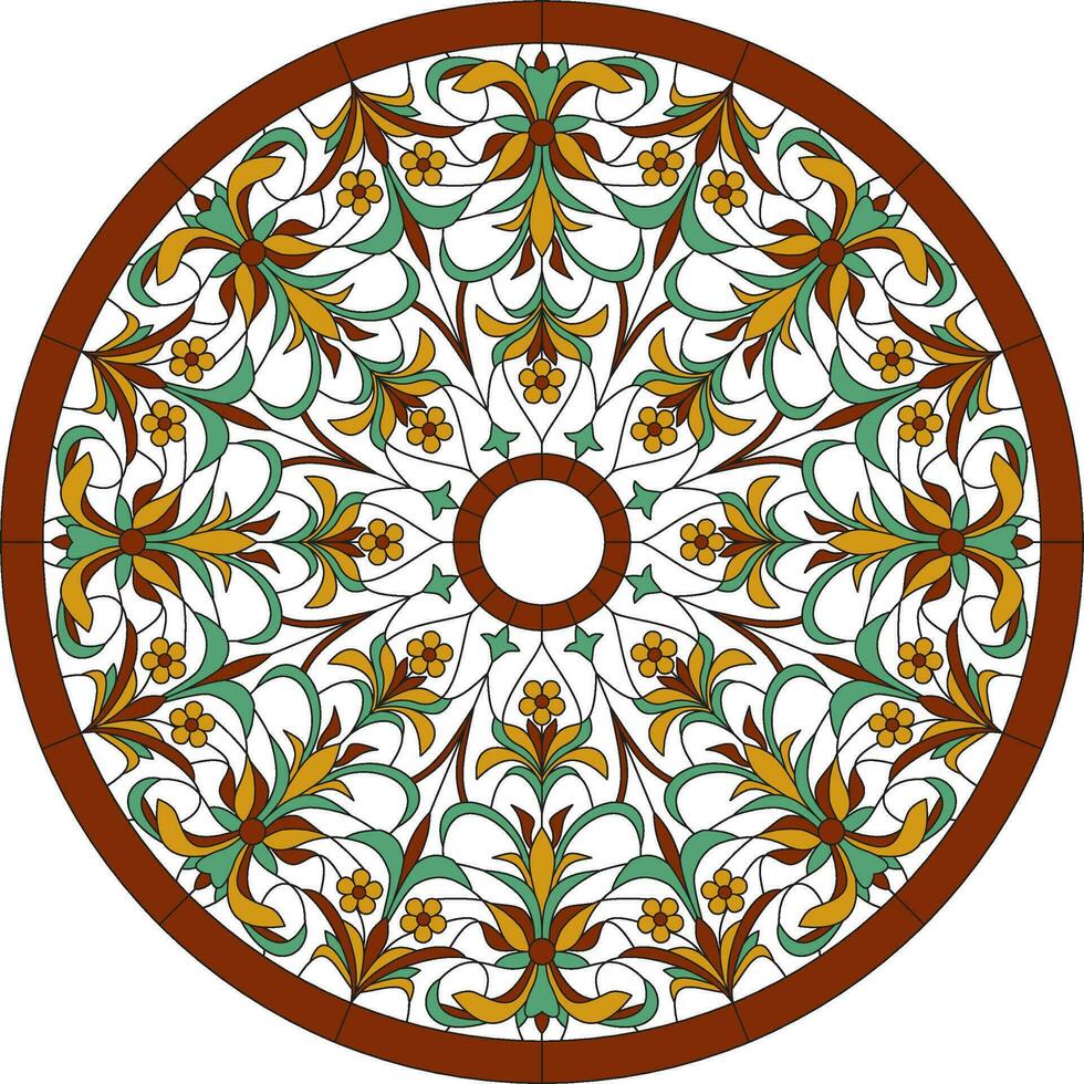 Vector illustration for a stained glass window with a floral motif. Pattern for a stained-glass window from a contour and fragments for a round ceiling or window.