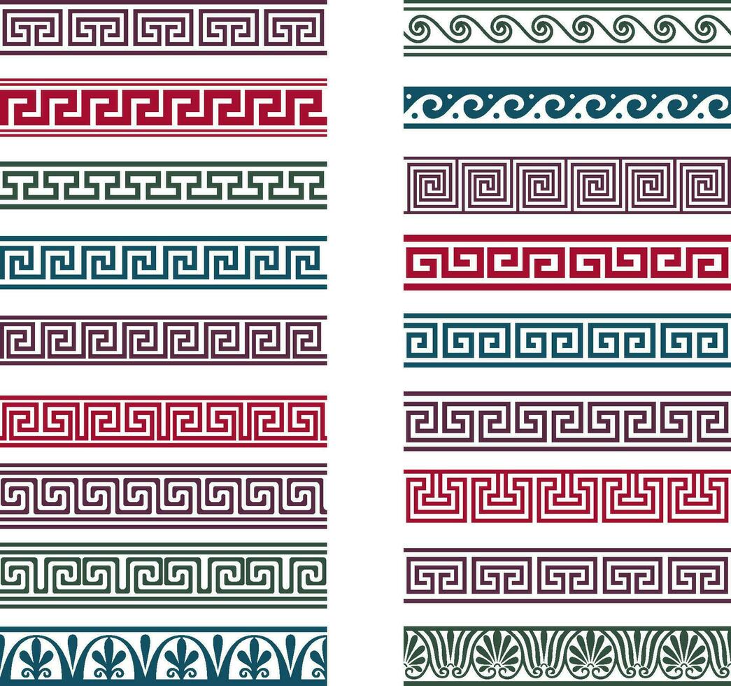 Vector seamless set of different Greek ornaments. Meander borders, frames of Ancient Greece.