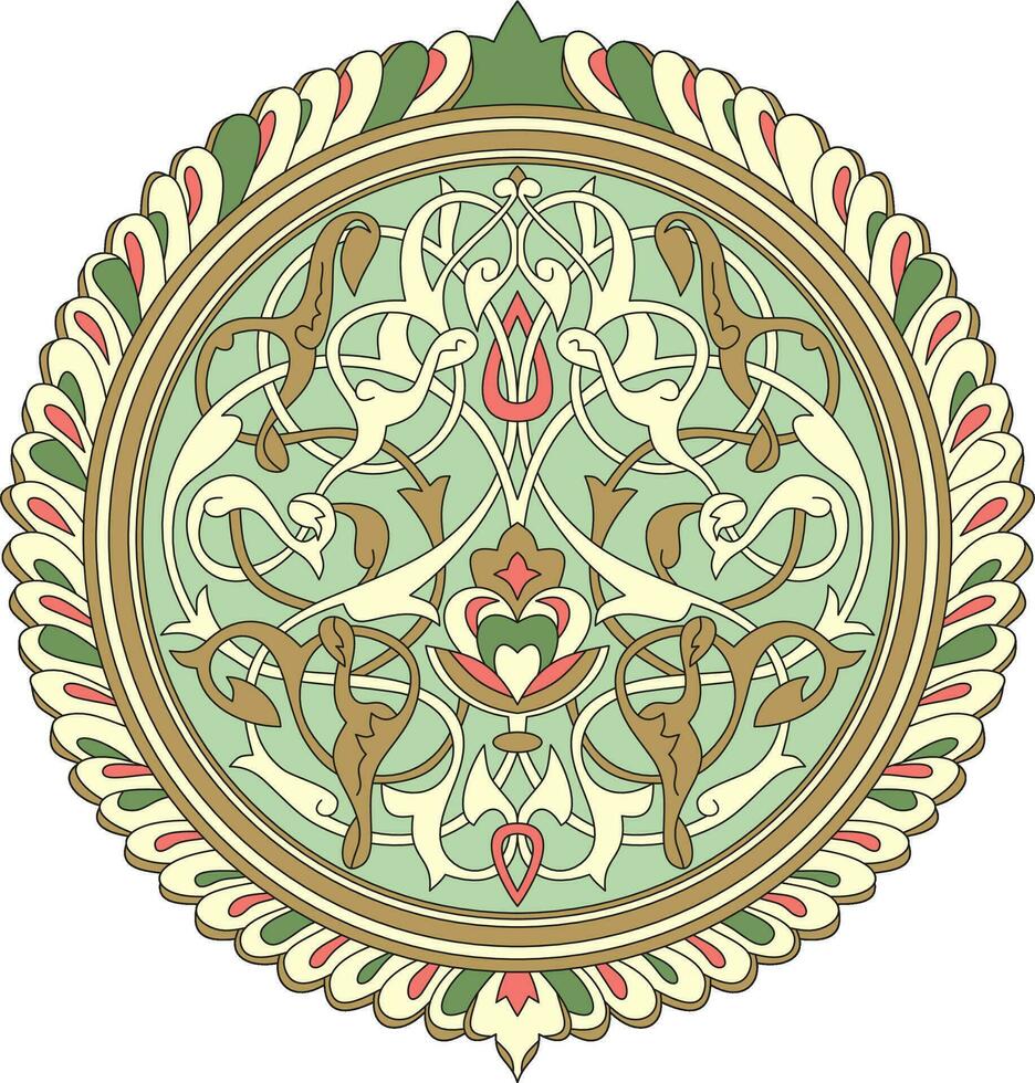 Vector colored round Arabic ornament. Muslim green patterned medallion