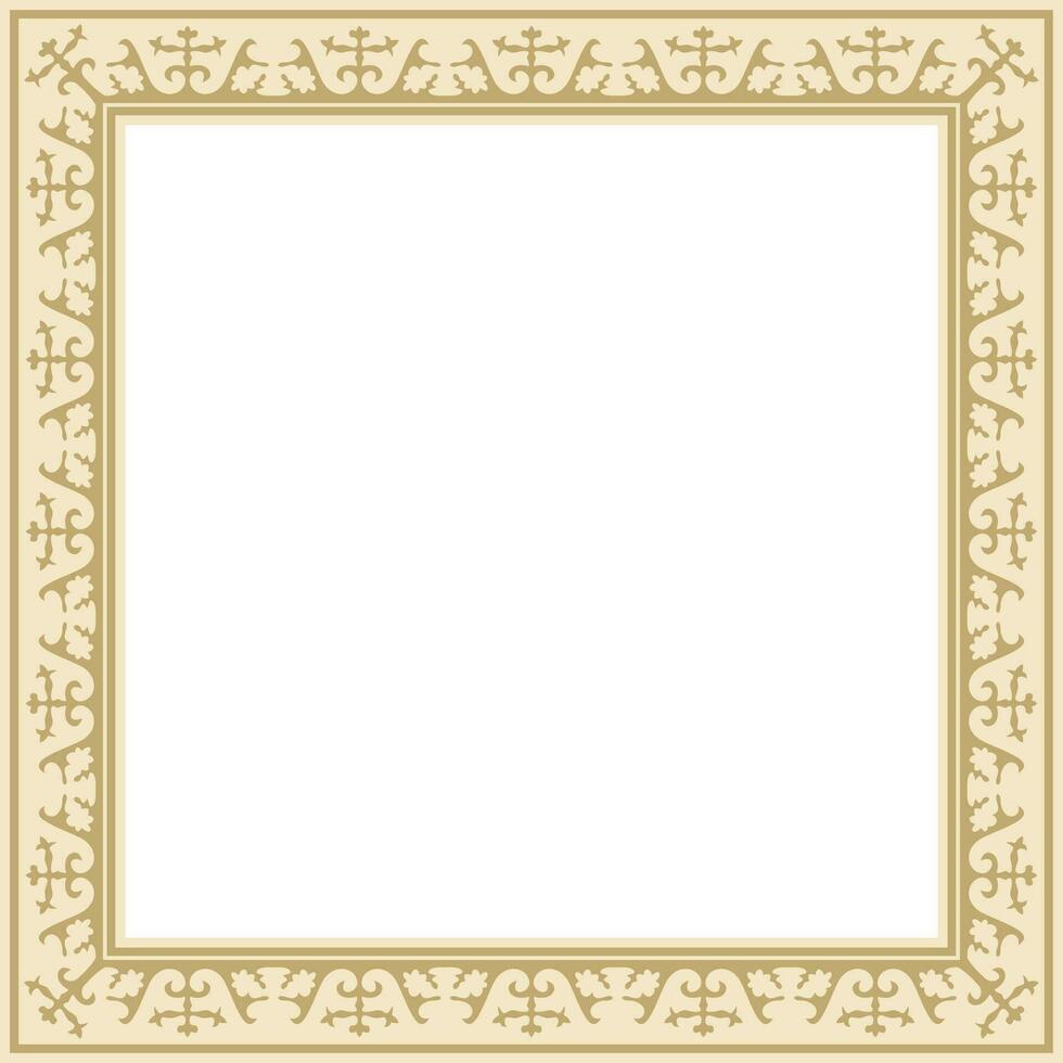 Vector golden square Kazakh national ornament. Ethnic pattern of the peoples of the Great Steppe, Mongols, Kyrgyz, Kalmyks, Buryats. Square frame border