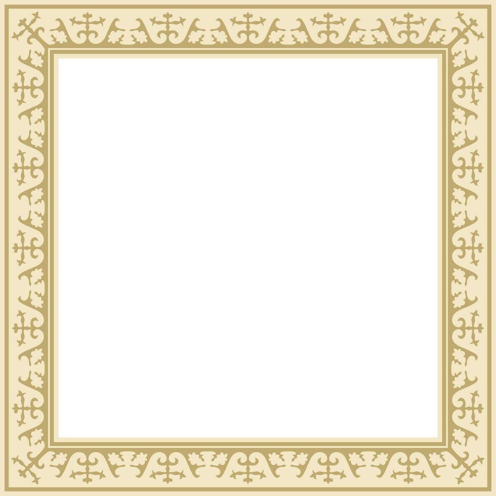 Vector golden square Kazakh national ornament. Ethnic pattern of the peoples of the Great Steppe, Mongols, Kyrgyz, Kalmyks, Buryats. Square frame border