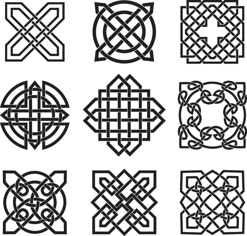 Vector black monochrome set of Celtic knots. Ornaments of ancient European peoples. Signs and symbols of the Irish, Scots, Britons, Franks