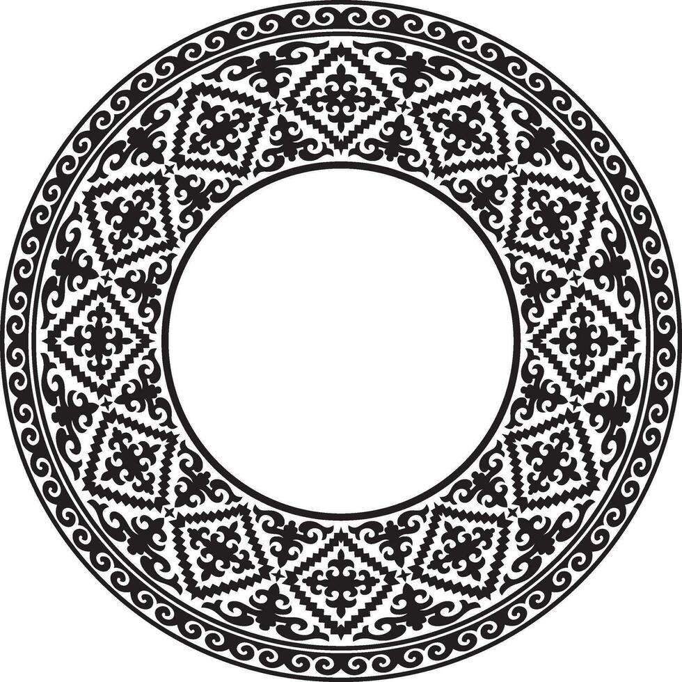 Vector black monochrome round Kazakh national ornament. Ethnic pattern of the peoples of the Great Steppe, Mongols, Kyrgyz, Kalmyks, Buryats. circle, frame border