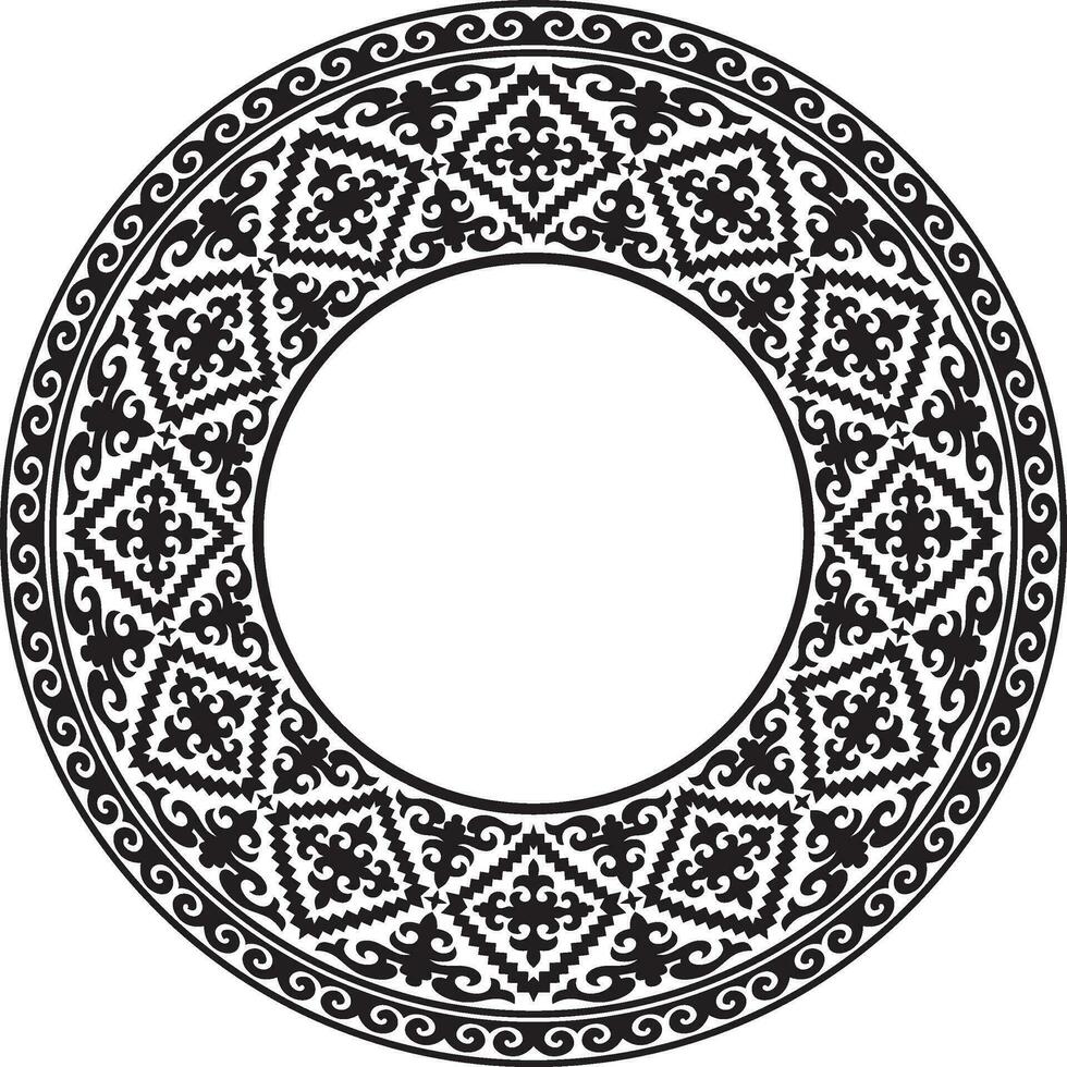 Vector black monochrome round Kazakh national ornament. Ethnic pattern of the peoples of the Great Steppe, Mongols, Kyrgyz, Kalmyks, Buryats. circle, frame border