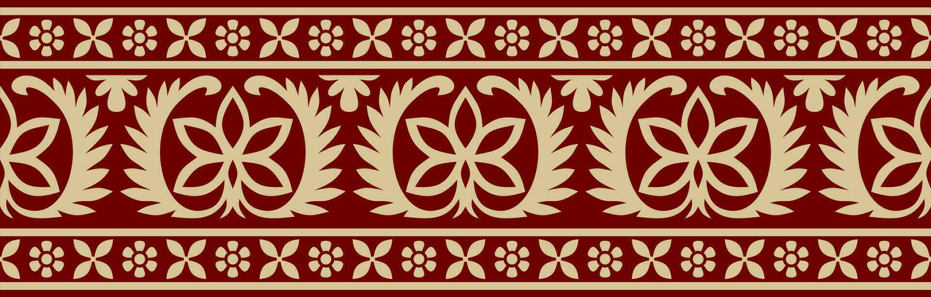 Vector seamless gold and red Indian national ornament. Ethnic endless plant border. Flowers frame. Poppies and leaves