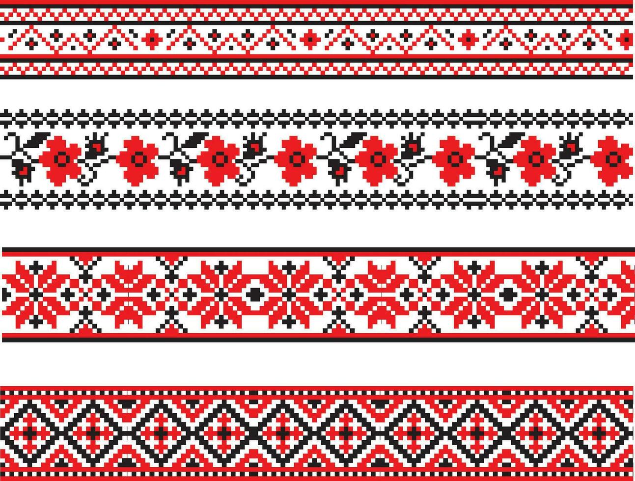 Vector set of Ukrainian seamless ornaments. Borders and frames in the national Slavic style. Cross stitch patterns