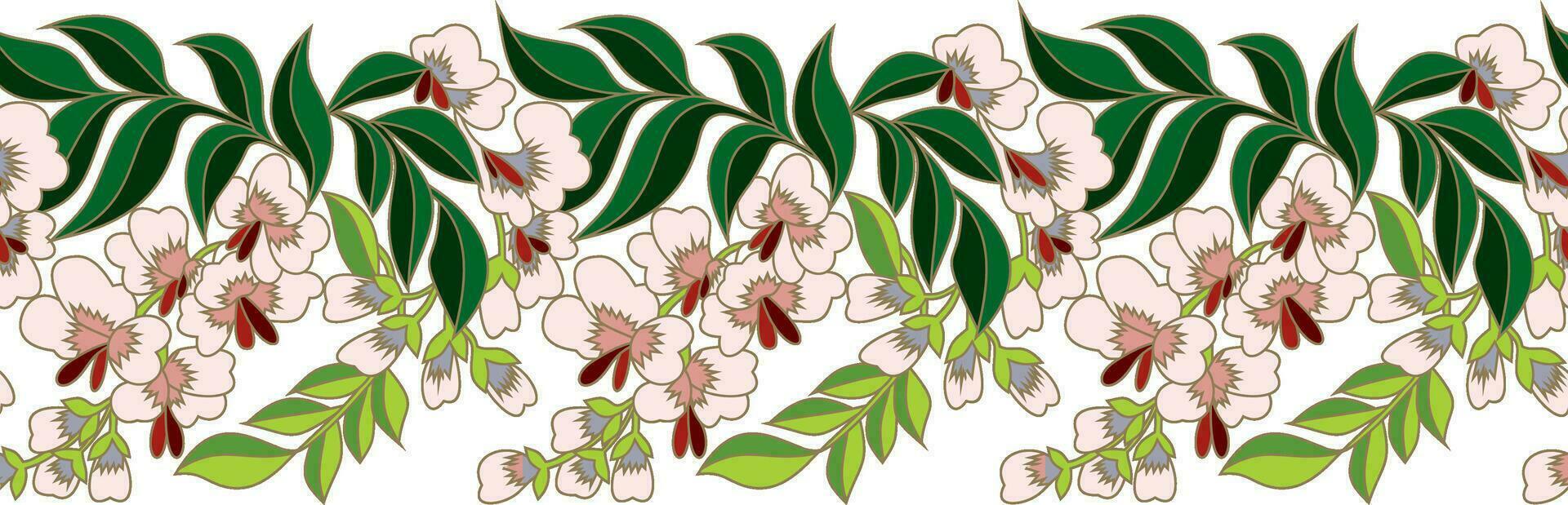 Vector floral chinese national ornament, border. Asian seamless, endless pattern. Peach flowers represent spring. Bright, graceful and sophisticated reminiscent of a beauty's face.
