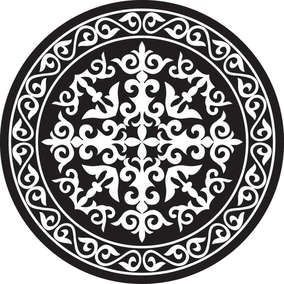 Vector monochrome round Kazakh national ornament. The classic pattern of the peoples of the Great Steppe. The decoration of the yurt of the Mongols, Kyrgyz, Kazakhs, Kalmyks, Buryats. Shanyrak