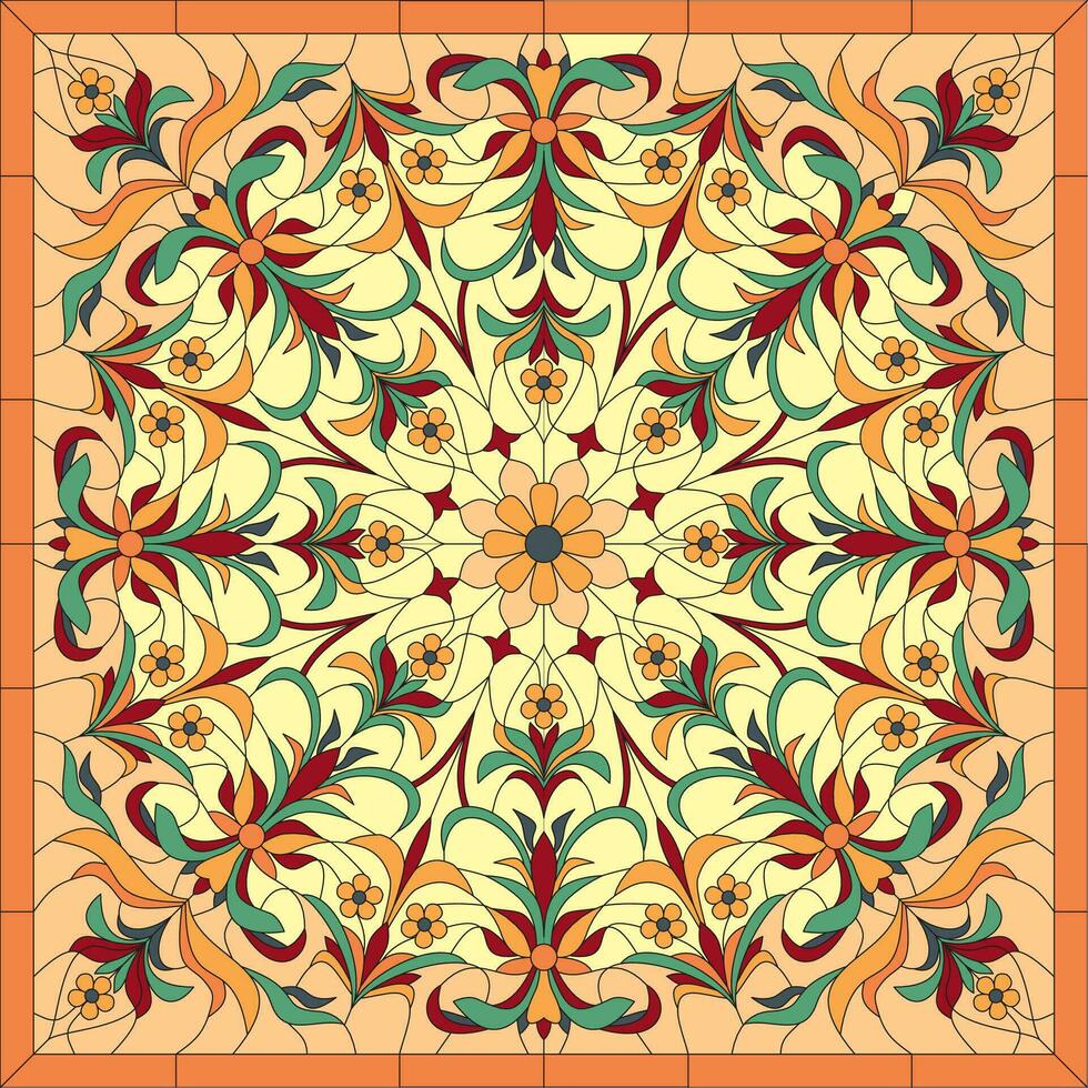 Vector square burgundy pattern for ceiling stained glass. Classic pattern for interior decoration. European ornament.