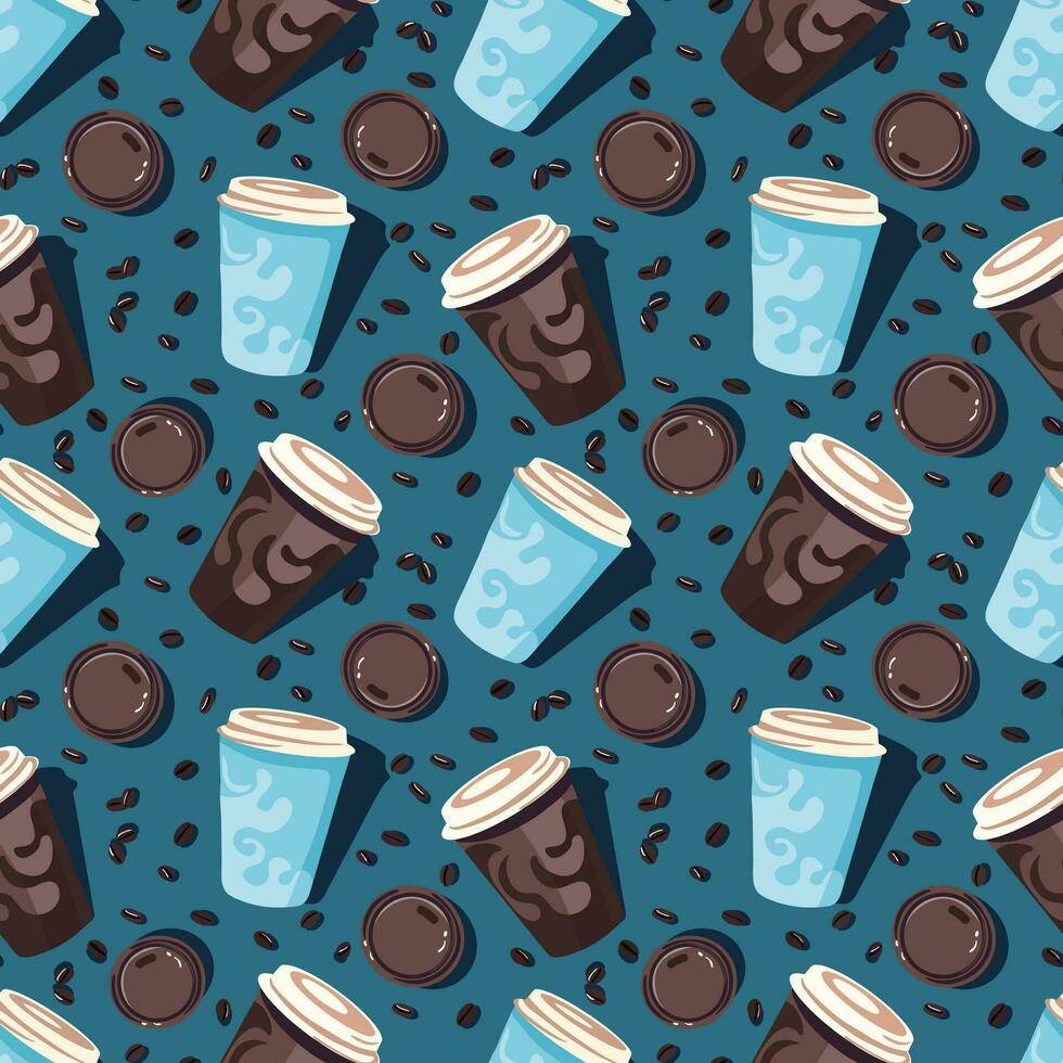 Seamless pattern with coffee cups in blue and brown color and small black coffee on dark blue background for textile or object prints vector