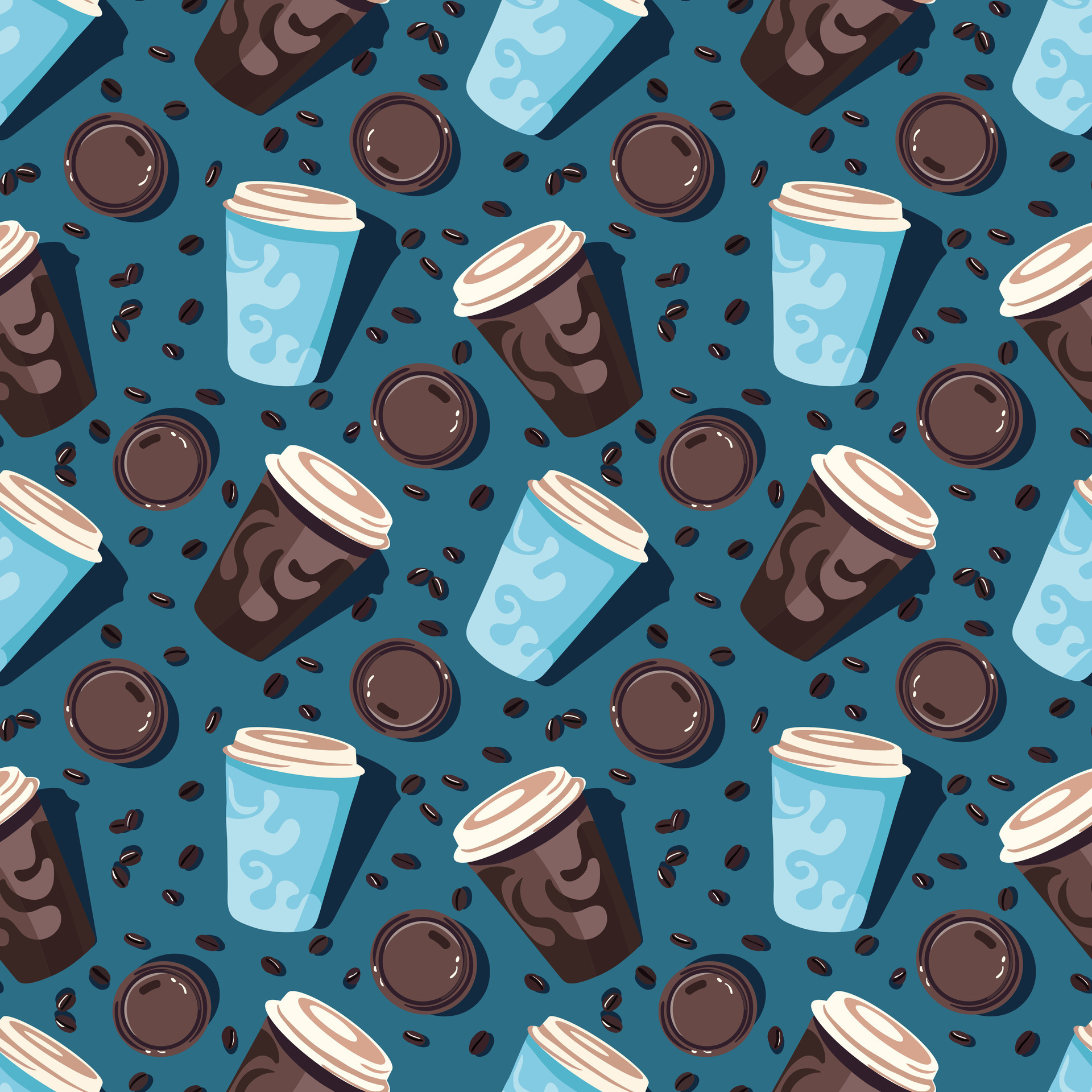 Seamless pattern with coffee cups in blue and brown color and small black  coffee on dark blue background for textile or object prints 26553968 Vector  Art at Vecteezy