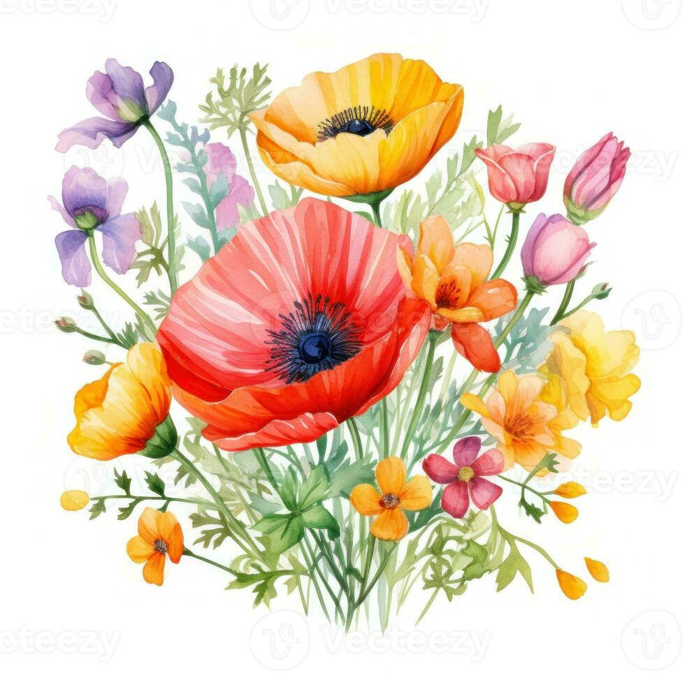 Colorful watercolor spring flowers bouquet photo