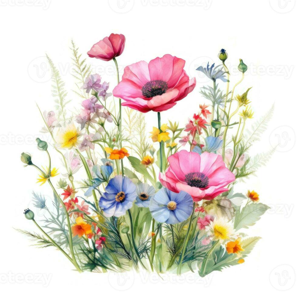 Colorful watercolor spring flowers bouquet photo