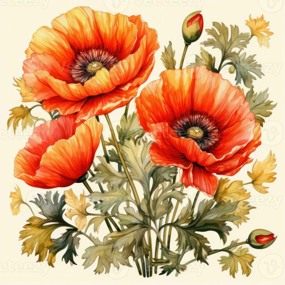 Watercolor poppy flowers background photo