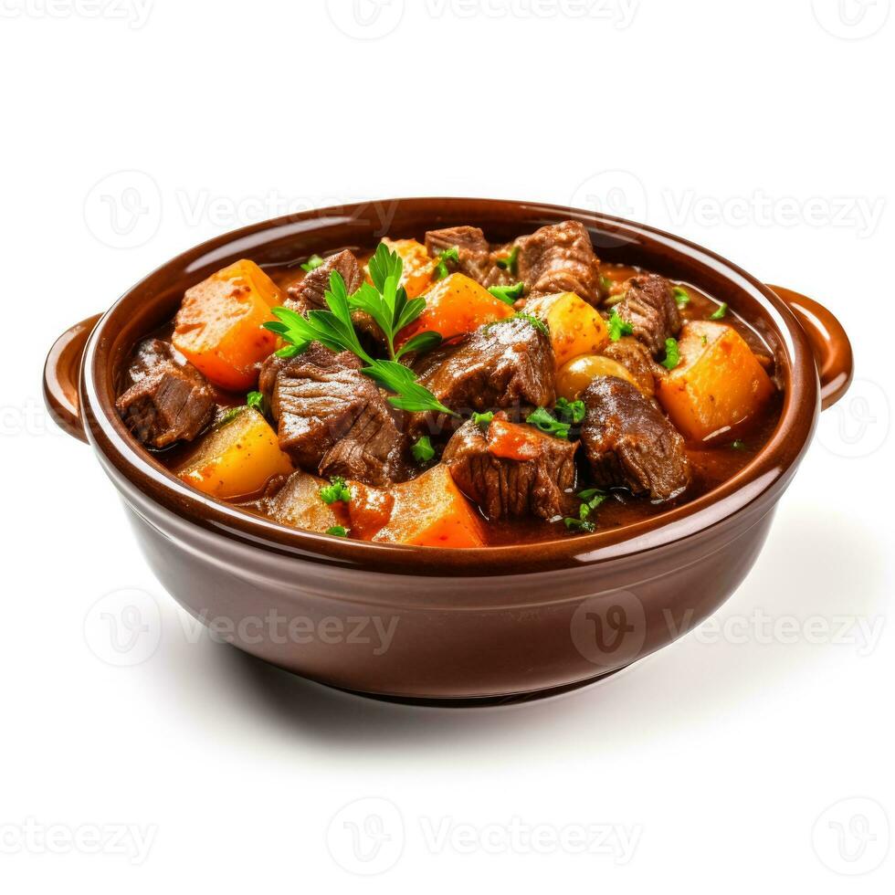 Hearty beef stew isolated on white background photo