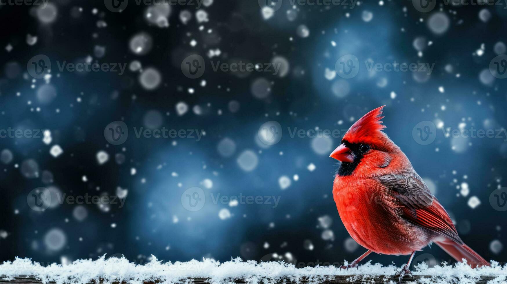 Red cardinal on snow background with empty space for text photo