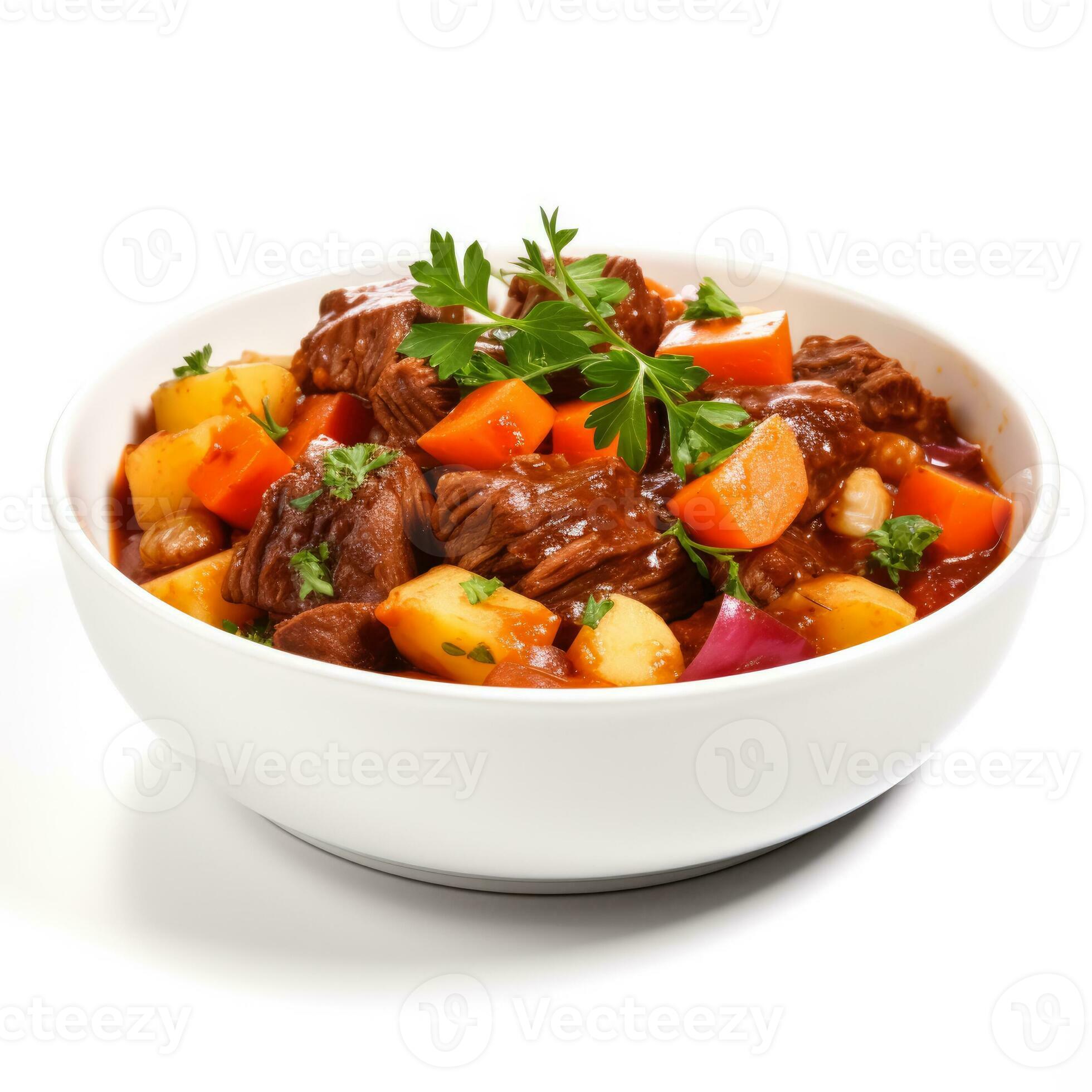 Slowcooked and tender beef stew with root vegetables isolated on white