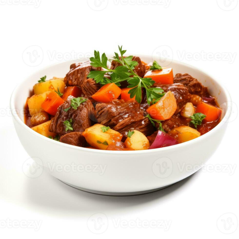 Slowcooked and tender beef stew with root vegetables isolated on white
