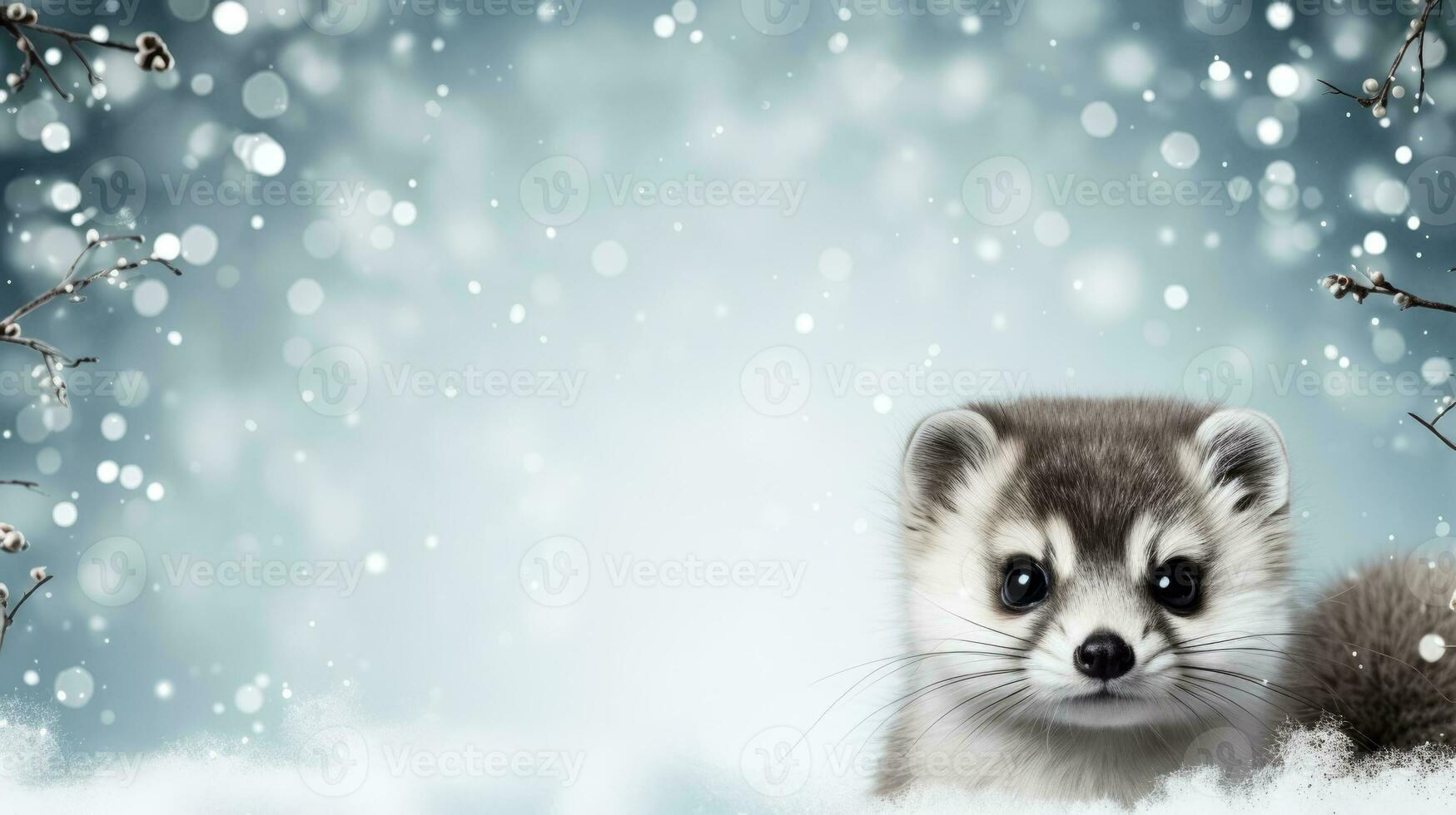 Ermine on snow background with empty space for text photo