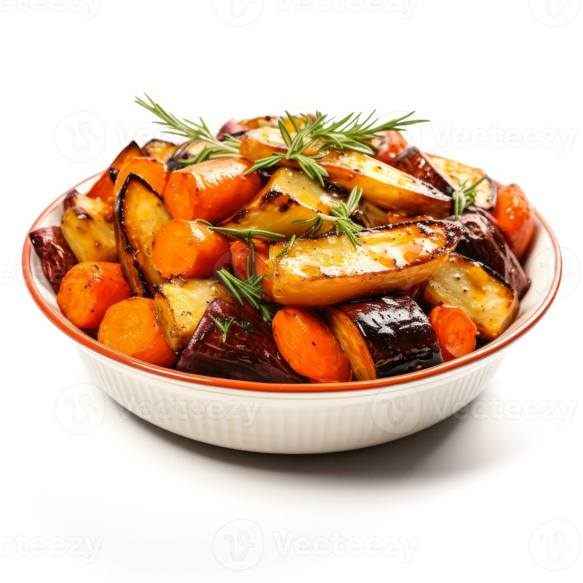 Roasted root vegetables with balsamic glaze isolated on white